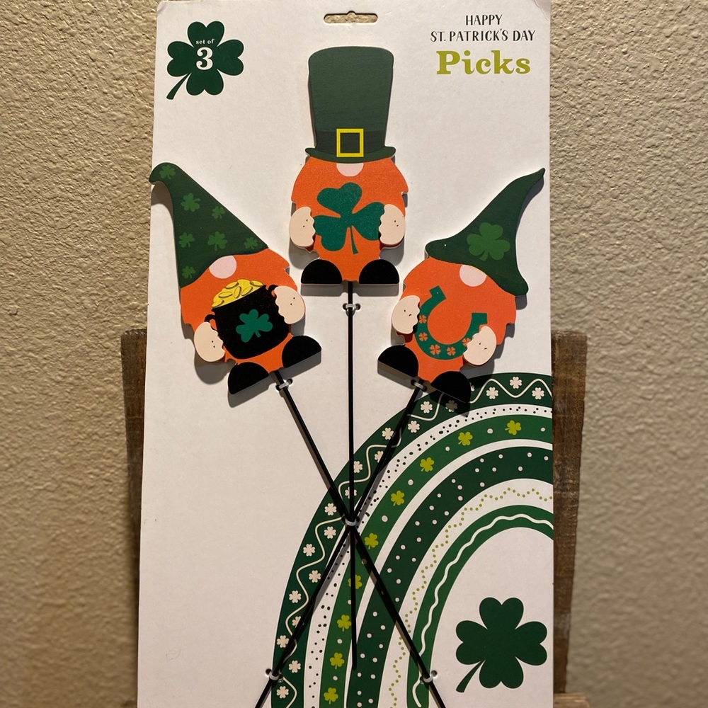 St. Patricks Gnome Picks Set Of 3, Gnome Decorative Picks, Irish Gnome Decor
